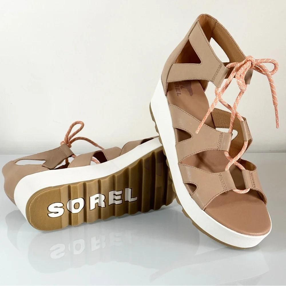 NEW Sorel Cameron Lace Up Wedge Sneaker Sandal Beige 11 Gladiator - Picture 1 of 9